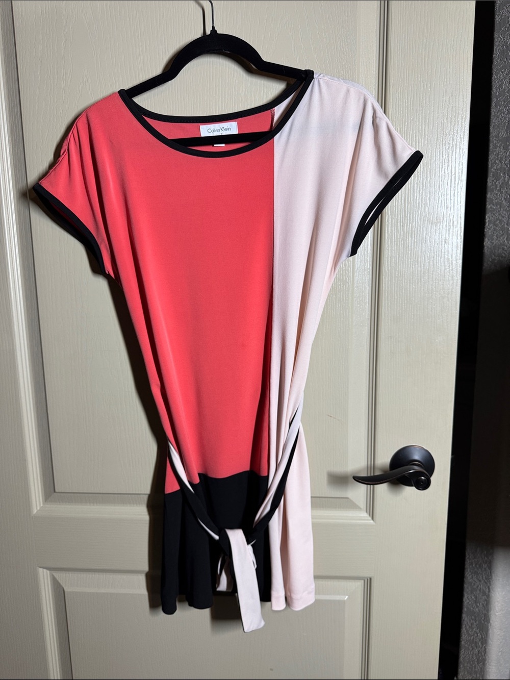Calvin Klein Colorblock Coral, Cream & Black Tie-Front Mini Dress